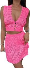 Women’s Summer Crochet Skirt Set Hollow Out Beach Cover Up Tank Top & Skirt Outfit