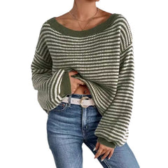 Green Women’s Off-Shoulder Fold over Contrast Sweater Trendy Knit Top
