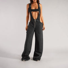 Black Women's Loose Fit Denim Cargo Jumpsuit – Streetwear Style