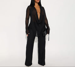 Black Women's Mesh Long Sleeve Spliced Fashion Stretch Pants Outfit