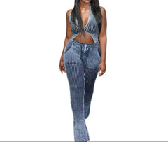 Backless Halter Top & Straight Leg Pant Set Ruched Slinky Style