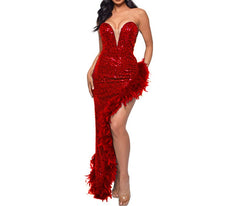 Women's Strapless Backless Sequin Slit Dress