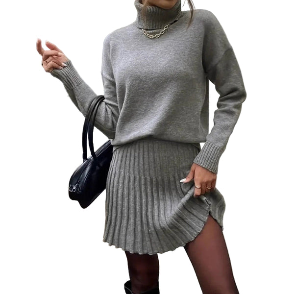 Payton Women’s Ribbed Knit Set Turtleneck Sweater & Mini Skirt Two-Piece Outfit