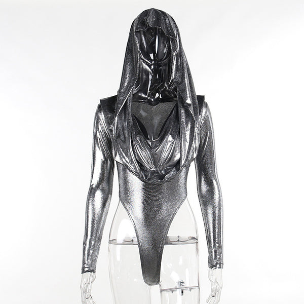 Slim Fit Metallic Shiny Hooded Long Sleeve Bodysuit Top
