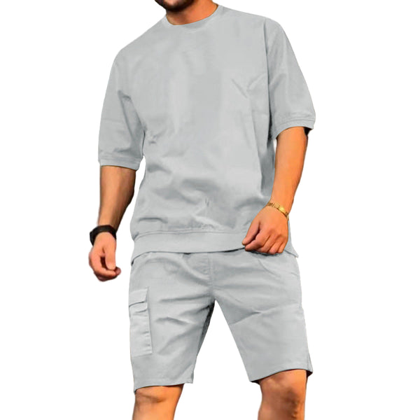 Active Blend Casual Duo Men's Short-Sleeved Top and Multi-Pocket Shorts Set