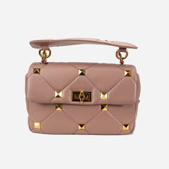 Pink Luxe Glam Diamond Quilted Convertible Satchel Studded Shoulder Bag for Women