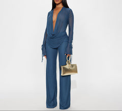Blue Women's Mesh Long Sleeve Spliced Fashion Stretch Pants Outfit