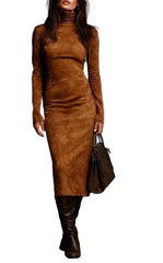 Brown Women’s Joy Suede Maxi dress High Waist, Long Sleeve