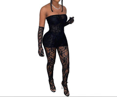 Black Valentine's Day Chic Women's Sleeveless Lace Tank Top Dress & Leggings Set