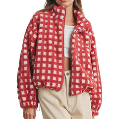 Red Women's Hooded Plush Fleece Jacket Plus Size Zipper Coat