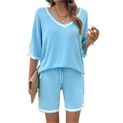 Light Blue Women's Cozy Chic V-Neck Sweater Short Set Casual Loose Fit Lounge Outfit