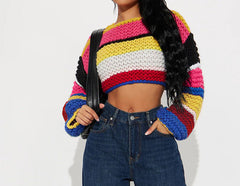 Women’s Fluffy Color Block Striped Knit Sweater  Cozy Pullover