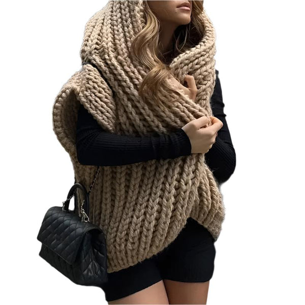 Women's Hooded Thick Knit Cardigan – Loose Fit Patterned Woven Sweater