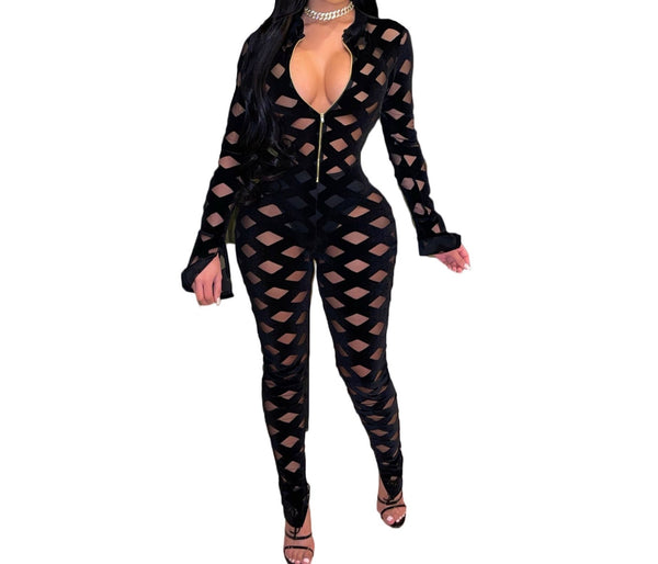 Daring Diva: Unleash Your Inner Femme Fatale with our Mesh Sexy Party Jumpsuit