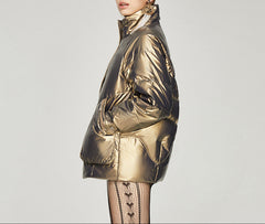 Gold Women's Metallic Down Puffer Coat  Stand Collar & Multi-Pocket Winter Jacket