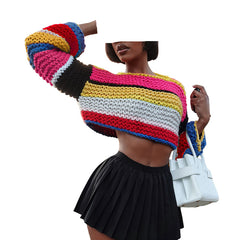 Women’s Fluffy Color Block Striped Knit Sweater  Cozy Pullover