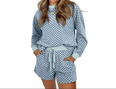 Cozy Women’s Two-Piece Loungewear Houndstooth Print Short Set