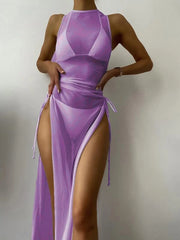 Poolside Perfection: Solid Color Mesh Split Three Piece Swimsuit Set - Vacation Essential