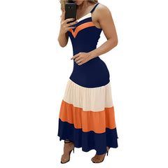 Coastal Color Block Maxi Dress V-Neck Flowy Summer Beach Vacation Outfit