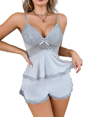 Gray Women’s Casual Solid Color Pajama Set – Satin Lace Two-Piece