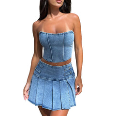 Women's Blue Plus Size Fitted Sexy Solid Color Denim Bodycon Mini Skirt Set