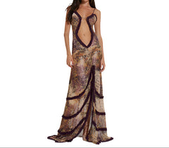 Chic Safari Hollow-Out Sling Strap Maxi Dress for Women Elegant Fashion