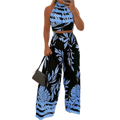Blue Women's Sleeveless Lined Tropical Pant Set – Vacation Night Outfit
