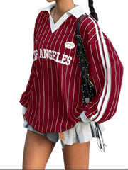 Women's Sporty Oversized Striped Knit Tee  Slubby Cotton Graphic Number T-Shirt