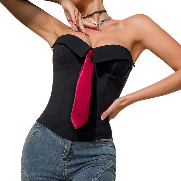 Black Women's Strapless Corset Bandeau Top  Solid Color Tube Top with Tie Front Design
