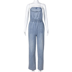 Trendy Stitched Backless Pocket Denim Jumpsuit - Perfect Fit and Style