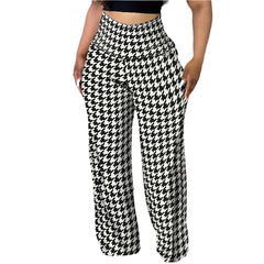 Plus Size Women's High Waisted Houndstooth Wide Leg Pants Casual Lounge Work Business Flowy Trousers