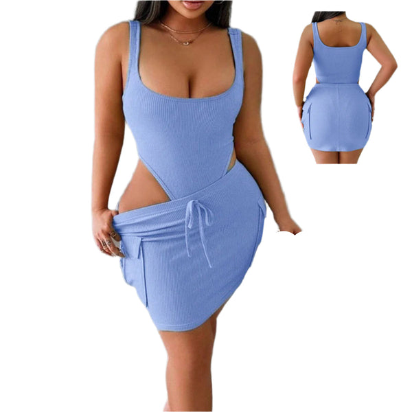 Sexy Women's Summer 2 Piece Set  Hollow Out Crop Tank Top & Mini Skirt Outfit