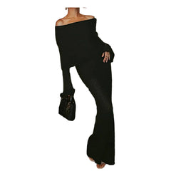 Black Women’s One-Shoulder Long Sleeve Sweater Maxi Dress