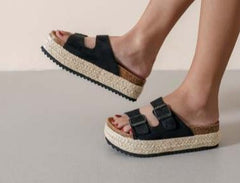 Women's Black Cushion Step Open Toe Raffia Sandal Slides