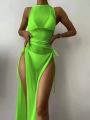 Poolside Perfection: Solid Color Mesh Split Three Piece Swimsuit Set - Vacation Essential