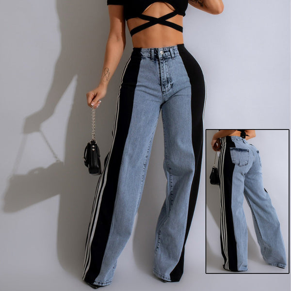Fashion Casual High Waist Three Stripe Denim Wide Leg Pants