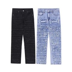 Black Men's Irregular Big Destressed Patch Denim