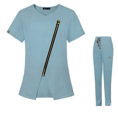 Light Blue Sydney Spring Women's Medical Scrub Set - Short Sleeve Zipper Top & Nurse Pant, Comfortable & Stylish for Healthcare Professionals