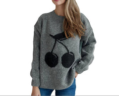 Gray Women’s Airy Soft Jacquard Crewneck Sweater – Cherry Design