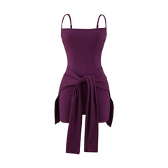Purple Women's Tie Knot Skort Romper Sleeveless Faux Wrap Belted Summer Jumpsuit