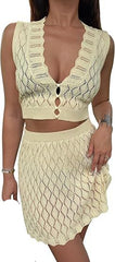Women’s Summer Crochet Skirt Set Hollow Out Beach Cover Up Tank Top & Skirt Outfit