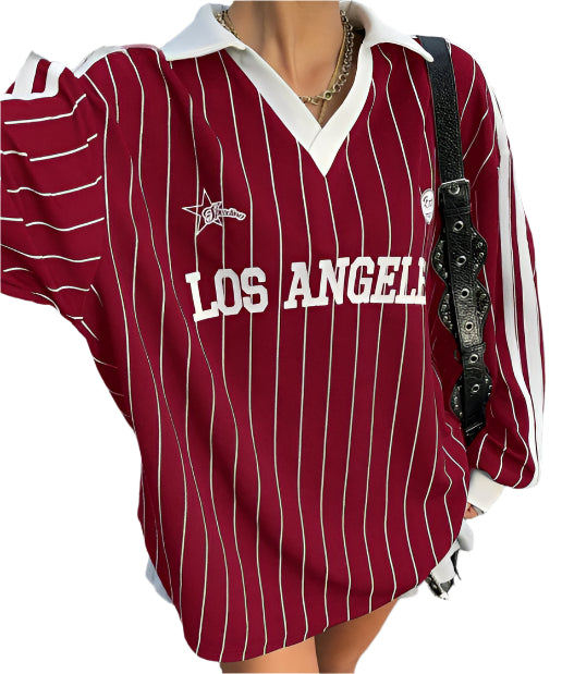 Women's Sporty Oversized Striped Knit Tee  Slubby Cotton Graphic Number T-Shirt