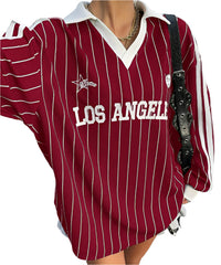 Women's Sporty Oversized Striped Knit Tee  Slubby Cotton Graphic Number T-Shirt