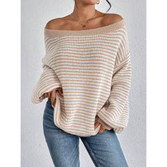 Khaki Women’s Off-Shoulder Fold over Contrast Sweater Trendy Knit Top