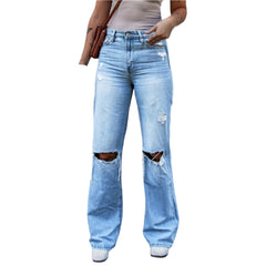 Blue Women’s Ripped Stretch Baggy Jeans  Medium Wash Mid-Rise Flap Pocket Bootcut Denim