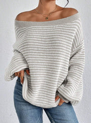 Women’s Off-Shoulder Fold over Contrast Sweater Trendy Knit Top