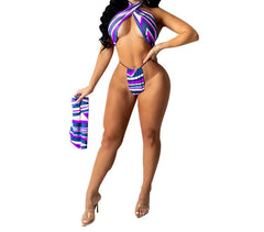 Sexy Halter Backless Bikini Top with Wrap Skirt Set Women's 3-Piece Summer Beach Outfit