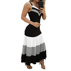 Coastal Color Block Maxi Dress V-Neck Flowy Summer Beach Vacation Outfit