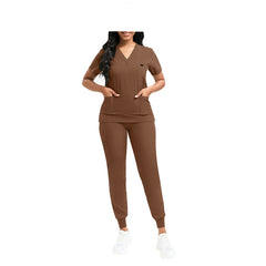 Brown Women's, Multi-Pocket, V-Neck, Scrub Top, Pants, Set 