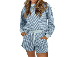 Blue Cozy Women’s Two-Piece Loungewear Houndstooth Print Short Set